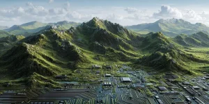 picture of semiconductor and circuitboards fading into green mountains and sustainability via waste management