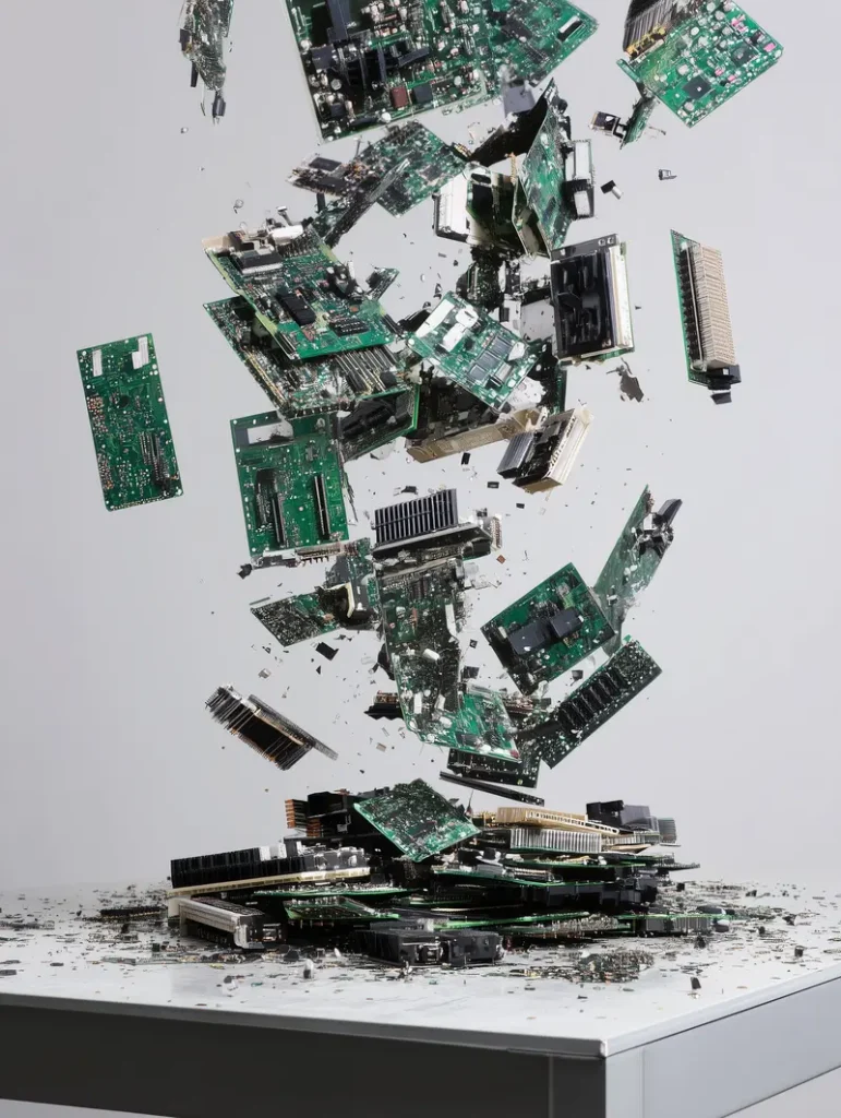 a pile of semiconductor and computer manufacturing waste falling down